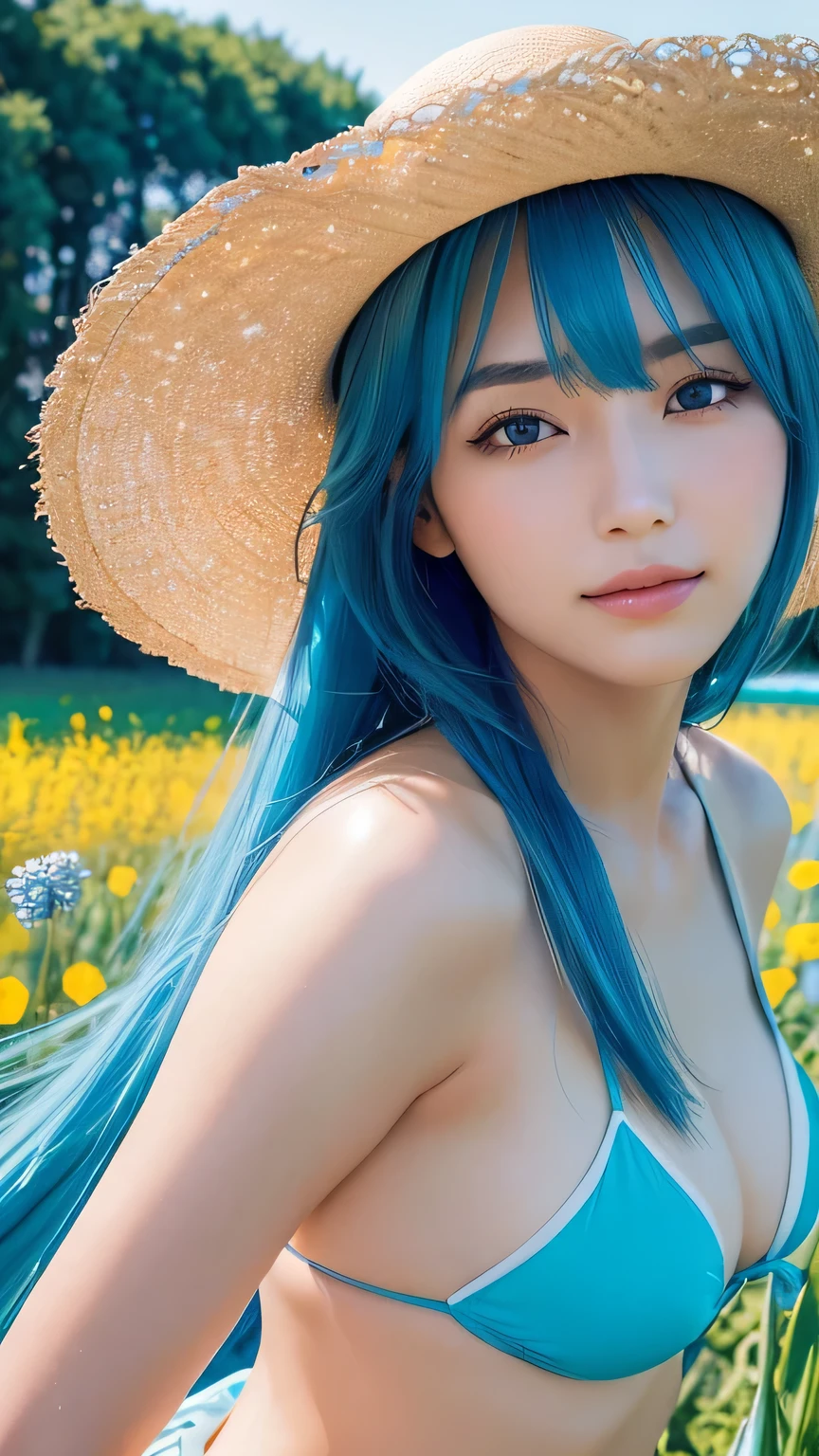 (Highest quality, 32K, High resolution, masterpiece:1.5), internal_jet, god々Photos with radiant and healing powers., A sense of calm and elusive beauty, Expressing emotions, Have a rich imagination, Beautiful Japanese Girl, Very beautiful face, Small Face Beauty, , Perfect Human Anatomy, Magic big eye, Motherhood and generosity, deep love, A fleeting smile, (Shiny blue hair:1.2), Super long hair swaying in the wind, Asymmetrical bangs, Hair between the eyes, transparent, Soft white skin, Sharp eyebrows, Thin lashes, ((Natural Makeup:1.3)), Blue Bikini, High resolution perfect collarbone, High resolution beautiful bust, Slim figure and ample breasts, High resolutionの美しい太もも, ((Distant Horizon:1.5)), ((A flower field that stretches to the horizon:1.3)), Beautiful and detailed blue sky, Professional Photographer, Professional Lighting, Professional Model