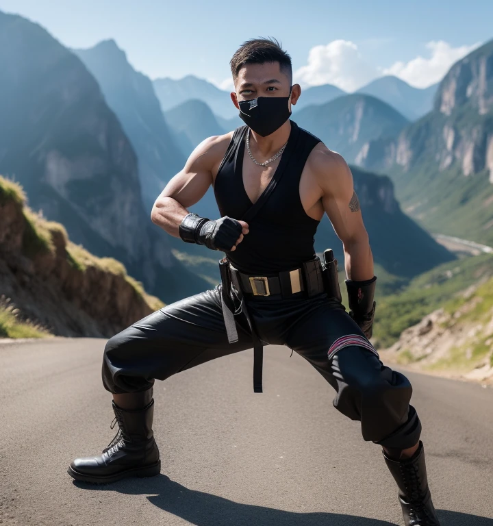 40 years old,One Man,Thai Fighter,Cliff in the mountains、Squat with your legs wide apart、Hold a gun,logic,Gay ,Short Hair、Stubble,Handsome、Fighting spirit、The crotch area is bulging。Shocker Belt、Black boots、Black gloves、Black Mask