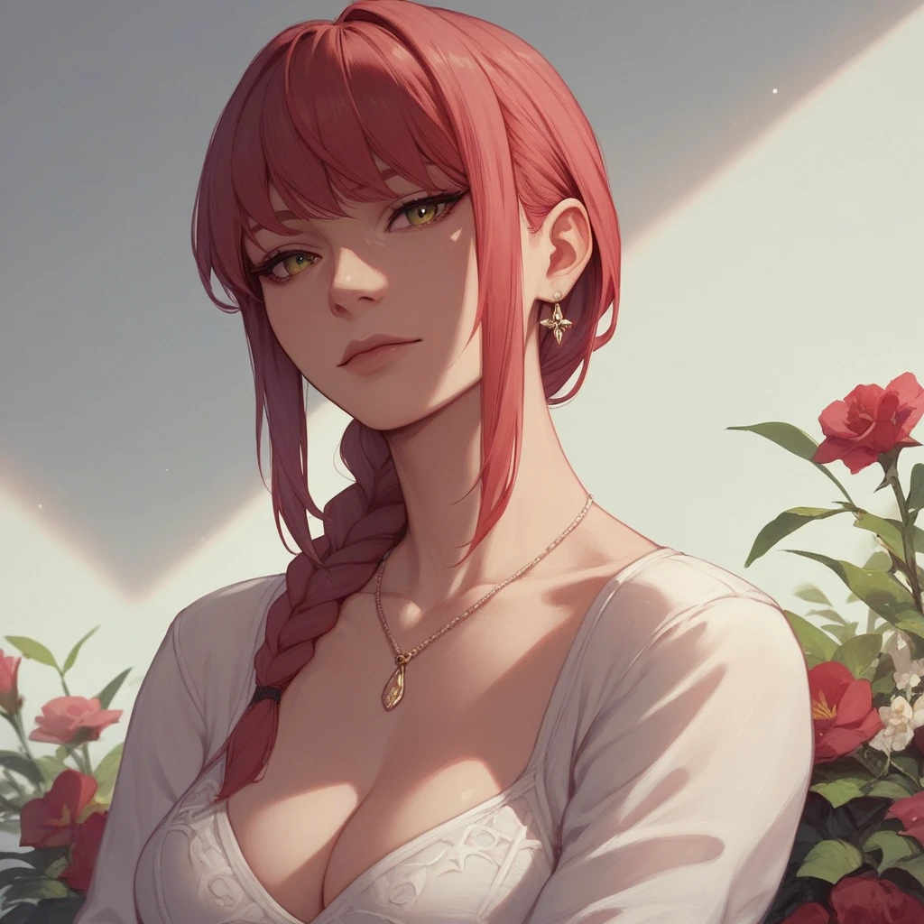 (masterpiece), (best quality), Makima with Taylor Swift's face (chainsaw man), best quality, extremely detail, 1 girl, alone, Stand, blonde hair, long braided hair, gold eyes, bangs, medium breasts, tie, seek, smile, (bad: 1.2), seeking at the viewer, (Interview: 1.3), (dark background, chains: 1.3) Breasts out,