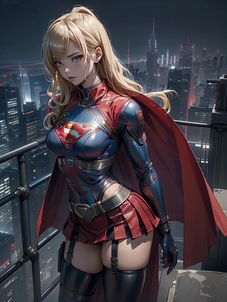 (masterpiece, Highest quality, High resolution:1.4, Anatomically correct、8k)、cyber punk、Supergirl、Blonde、Sexy、Blue tight latex bondage costume、S marking on chest、Long red cape、Red latex micro mini skirt、whole body、Overlooking the city at night、Browsing Caution、Bondage Girl、Bondage Belt