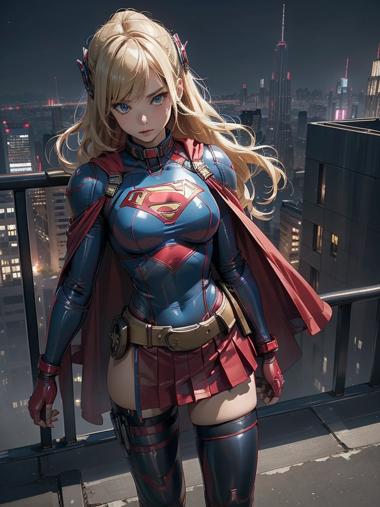 (masterpiece, Highest quality, High resolution:1.4, Anatomically correct、8k)、cyber punk、Supergirl、Blonde、Sexy、Blue tight latex bondage costume、S marking on chest、Long red cape、Red latex micro mini skirt、whole body、Overlooking the city at night、Browsing Caution、Bondage Girl、Bondage Belt