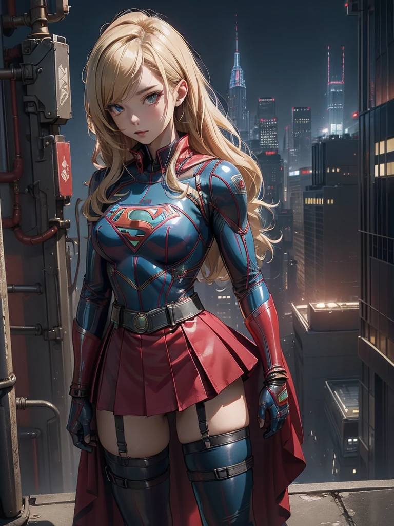 (masterpiece, Highest quality, High resolution:1.4, Anatomically correct、8k)、cyber punk、Supergirl、Blonde、Sexy、Blue tight latex bondage costume、S marking on chest、Long red cape、Red latex micro mini skirt、whole body、Overlooking the city at night、Browsing Caution、Bondage Girl、Bondage Belt