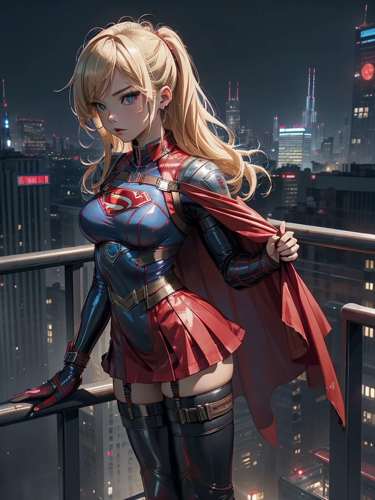 (masterpiece, Highest quality, High resolution:1.4, Anatomically correct、8k)、cyber punk、Supergirl、Blonde、Sexy、Blue tight latex bondage costume、S marking on chest、Long red cape、Red latex micro mini skirt、whole body、Overlooking the city at night、Browsing Caution、Bondage Girl、Bondage Belt