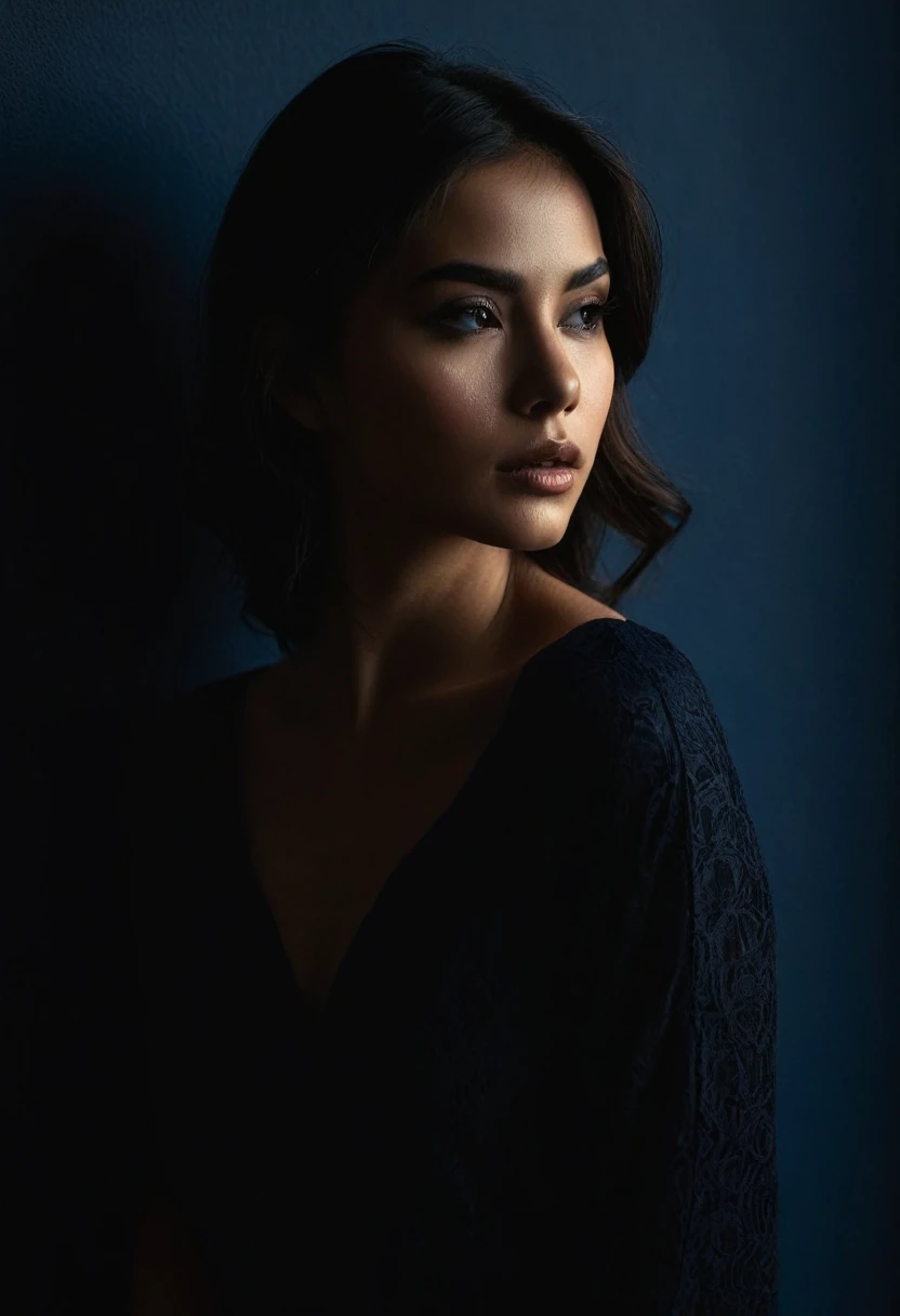 woman bathed in soft light, leaning against a wall, looking into the camera in a moment of raw emotion. Her attire is minimal, accentuating her beauty with the dramatic shadows cast by the lighting. The background is stark, with sharp contrasts highlighting the contours of her form. The blue and black palette intensifies the mood, evoking a sense of mystery and allure. Subtle film grain and meticulous shading add depth and texture, emphasizing the emotional gravity of the scene. The lighting creates a chiaroscuro effect, accentuating her expressive pose and the intense atmosphere.
