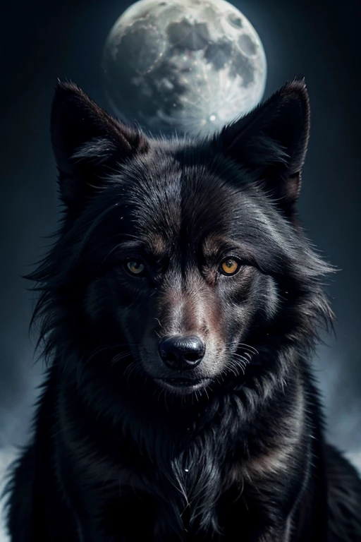 Black wolf with white eyes like the moon and blue flashes in the pupils
