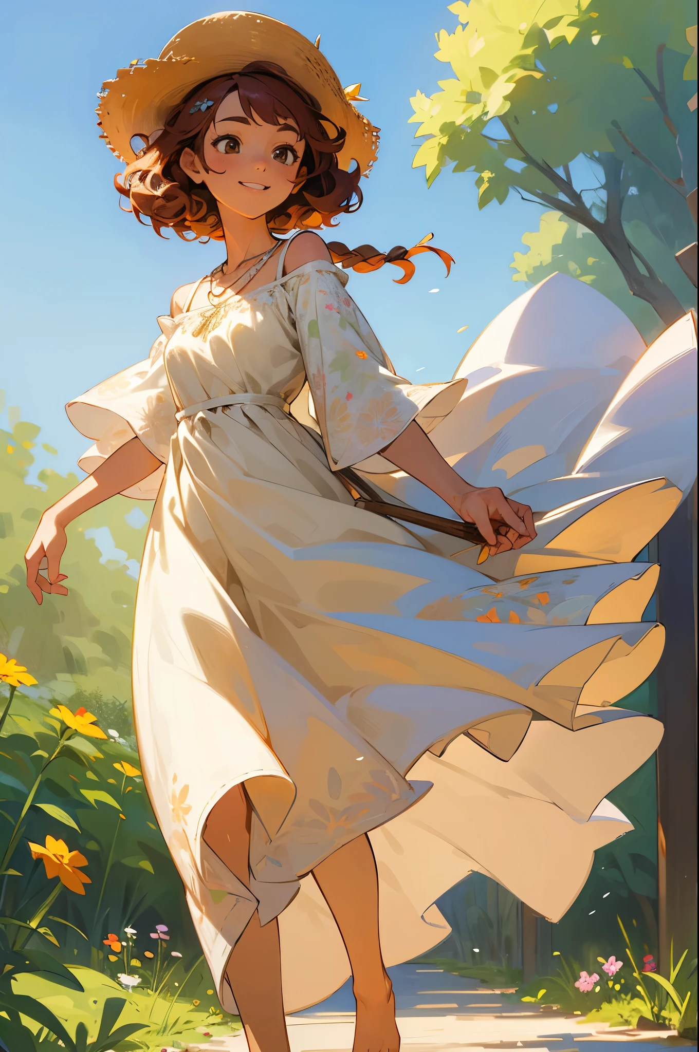 1female, auburn hair, curly and shoulder-length, hazel eyes, cheerful expression, white sundress with floral patterns, straw hat with a ribbon, simple necklace, barefoot, garden background with blooming flowers, detailed face, hands to side, standing on path