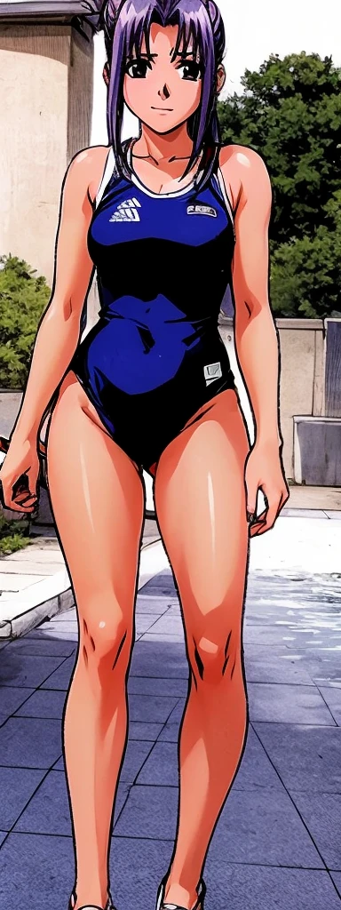 Momoko Koigakubo, a tall girl with beautiful legs, is standing by the pool with her legs spread to the side in a light blue high-cut competitive swimsuit with the arena logo on it.。An elementary school boy wearing swimming trunks is standing near Momoko Koigakubo.。