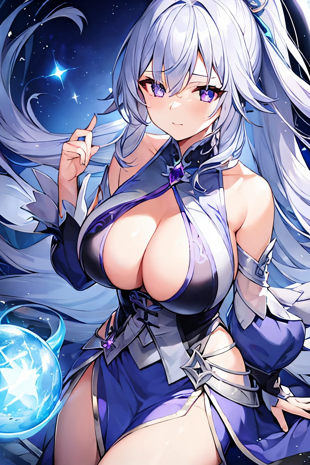1 girl、Silver Hair、ponytail、Fantasy、witch、Blue clothes、Purple decoration、accessories、Villain、(Magical Items)、Bigger breasts、Goddess-like、