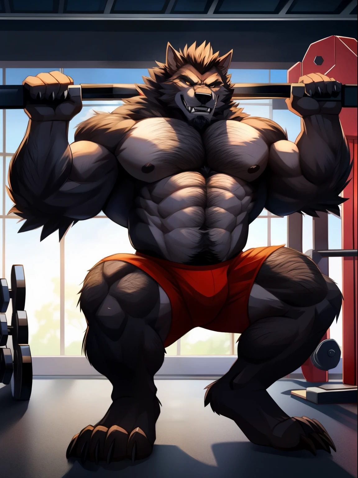 muscular werewolf,Hairy everywhere,clawed legs,erect via,Do exercise in the gym
