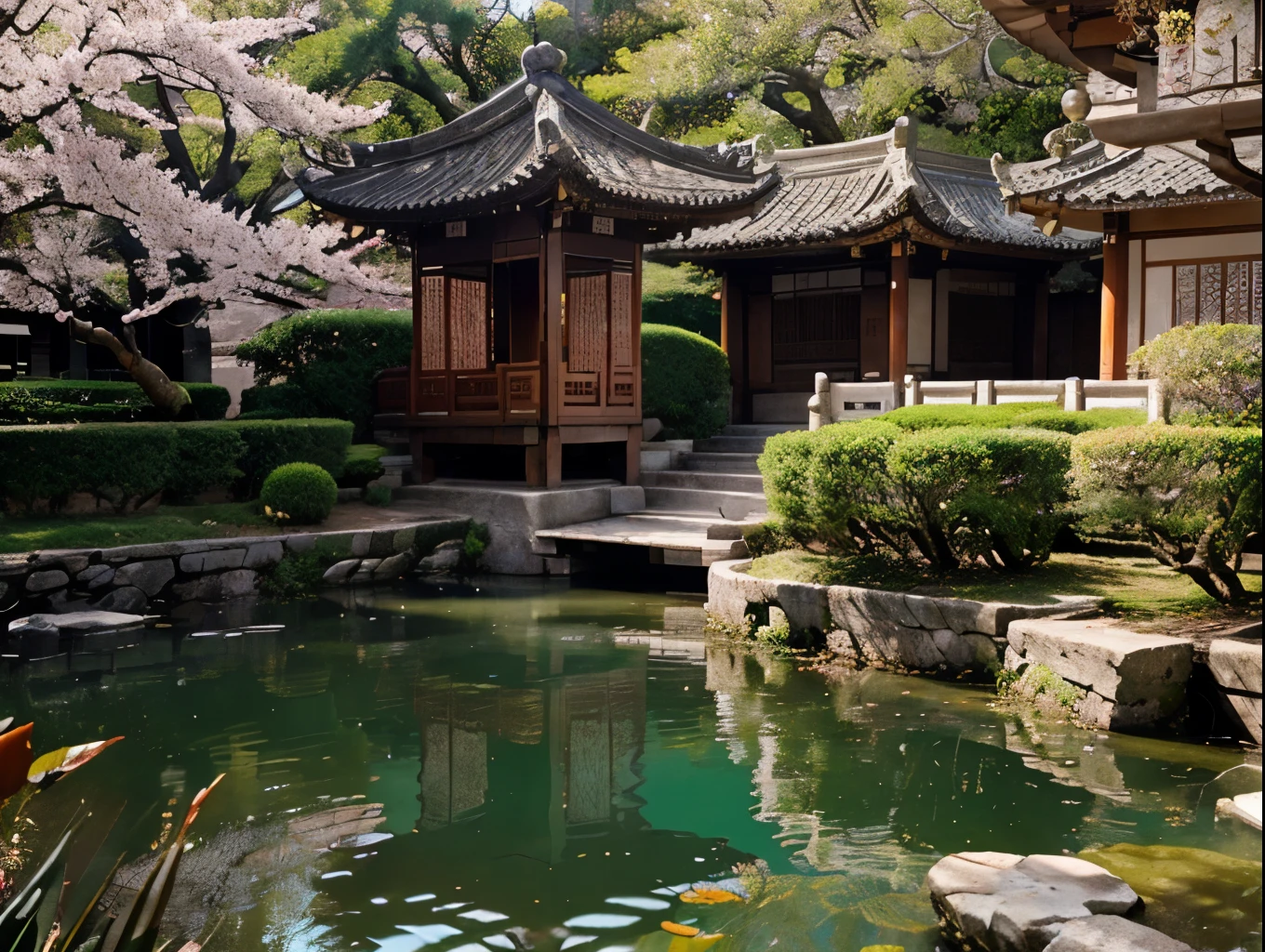 a beautiful ancient chinese garden, 1 girl, detailed and realistic, intricate details, photorealistic, cinematic lighting, dramatic shadows, warm color palette, soft focus, magical atmosphere, stunning architecture, lush foliage, reflective pond, cherry blossoms, ornate bridges, lanterns, pagodas, calligraphy