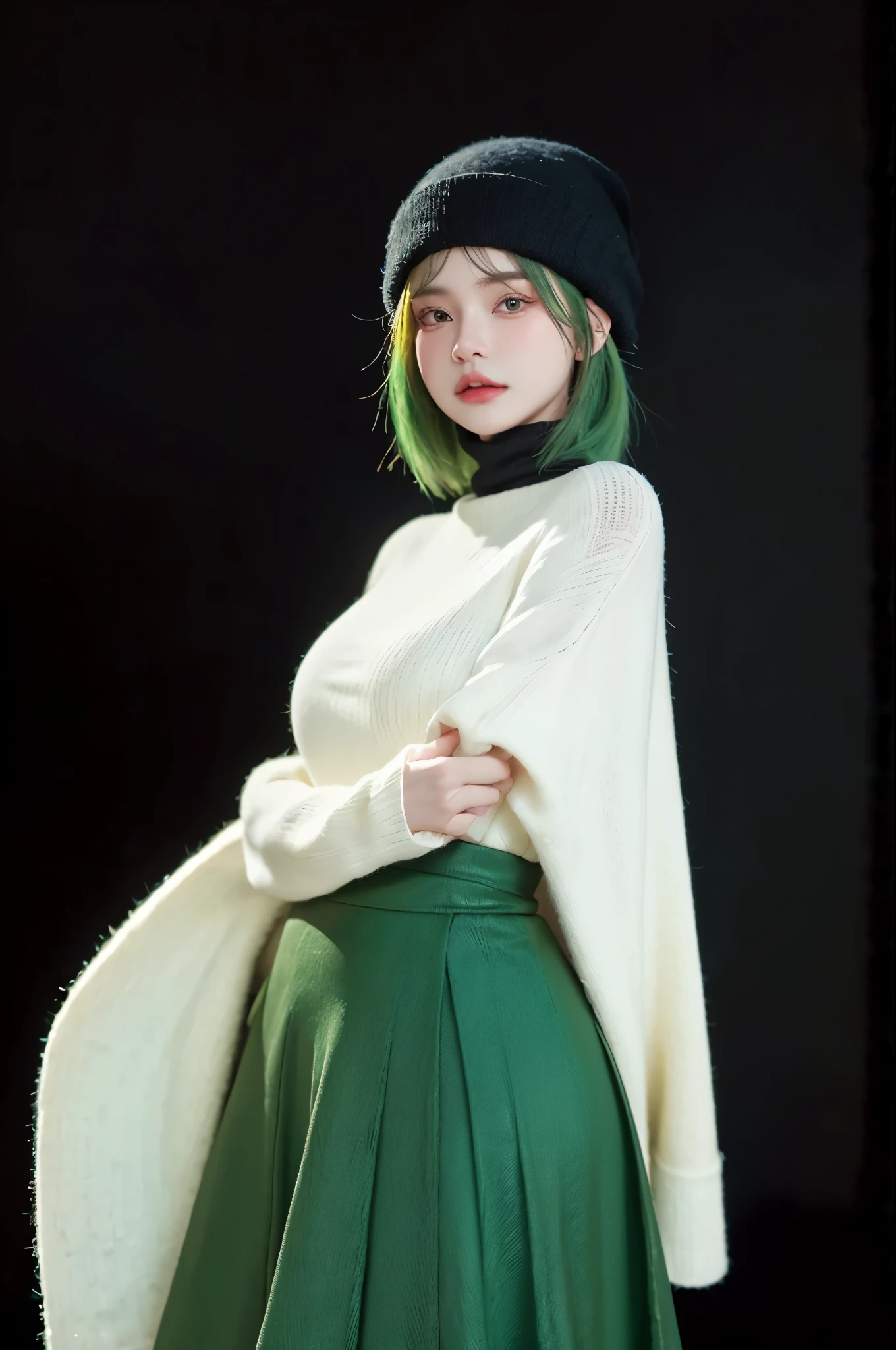 HDR, UHD,8K, face High Quality, nokiapretty, Turtleneck, long Skirt, (((black background 8k))), (((wool hat))), Faux Bob hair, greenhair,