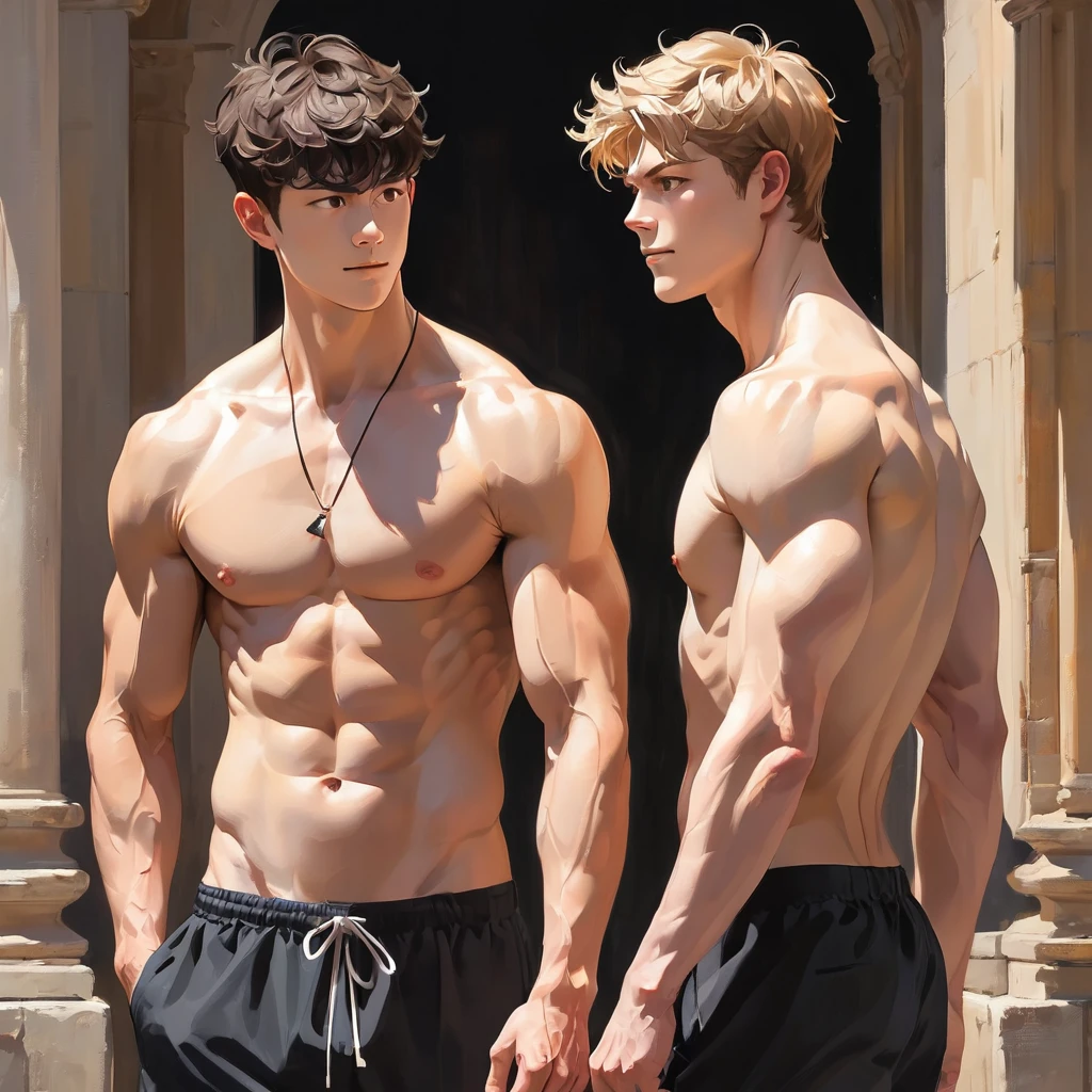 2 young men , The best aesthetics , best quality, Amazing quality, The best aesthetics, Not wearing a shirt, naked, penis, have sex, sex, naked, 25+
