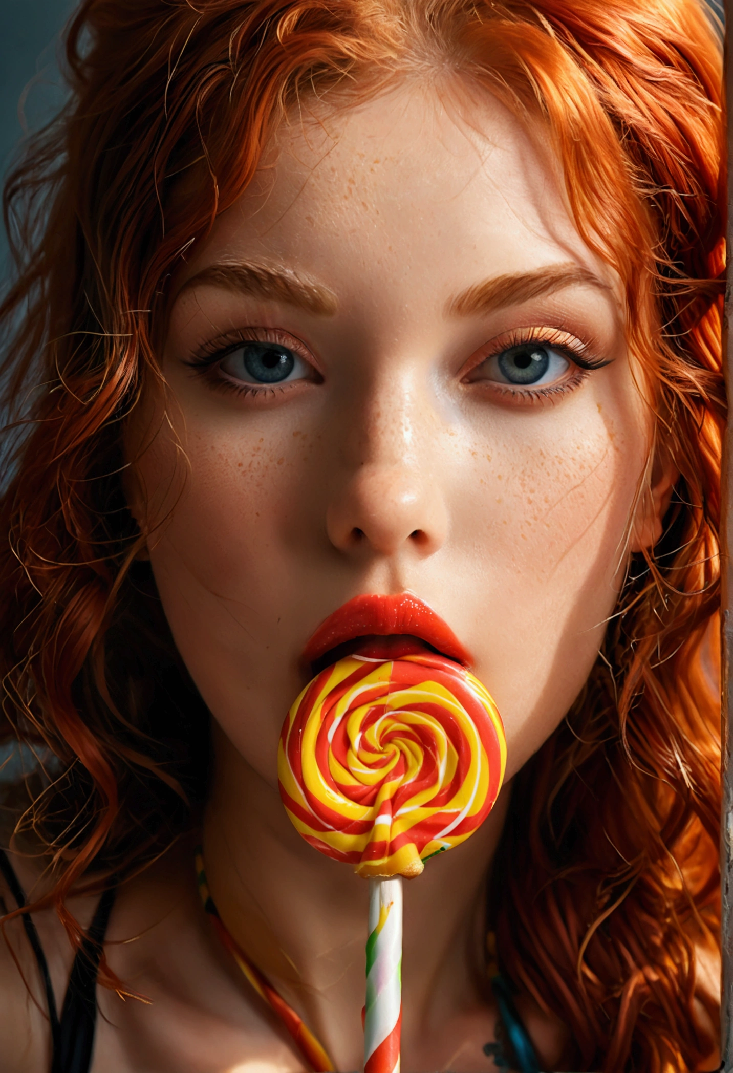 ultra realistic, photography, portrait, upper torso, red haired girl, 20 years old, hourglass figure, perfect body, supermodel, long legs, tongue licking a long spiral lollipop, seductive