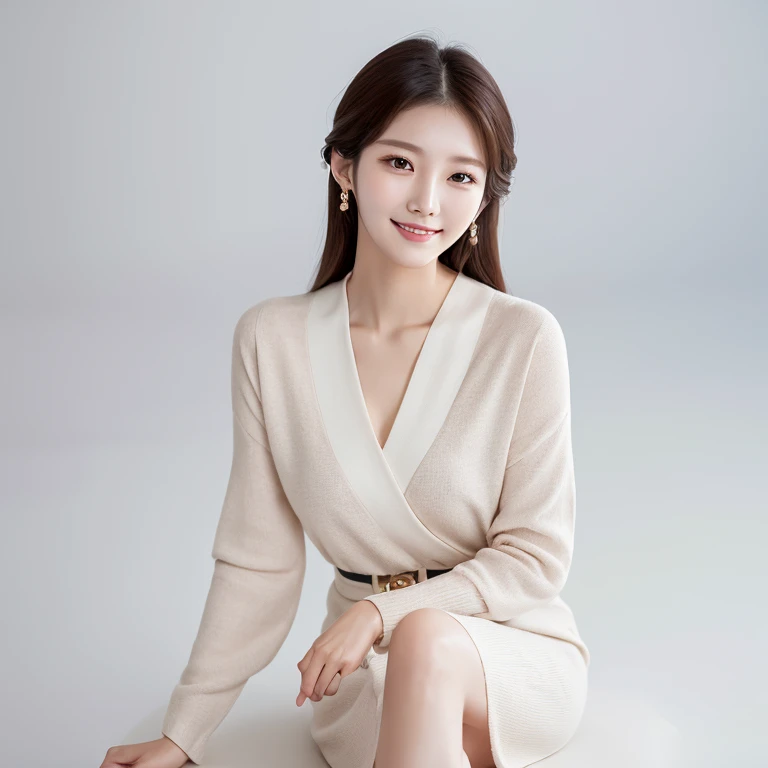 South Korea,　Beauty, beautiful detailed face,　clothes with timeless elegance,　sitting, smile,　White background, high-angle-shot, masterpiece,