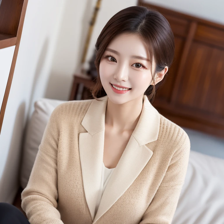 South Korea,　Beauty, beautiful detailed face,　clothes with timeless elegance,　sitting, smile,　White background, high-angle-shot, masterpiece,