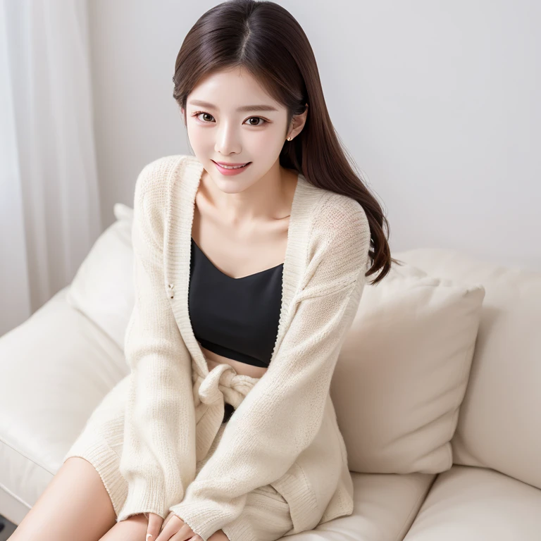 South Korea,　Beauty, beautiful detailed face,　clothes with timeless elegance,　sitting, smile,　White background, high-angle-shot, masterpiece,