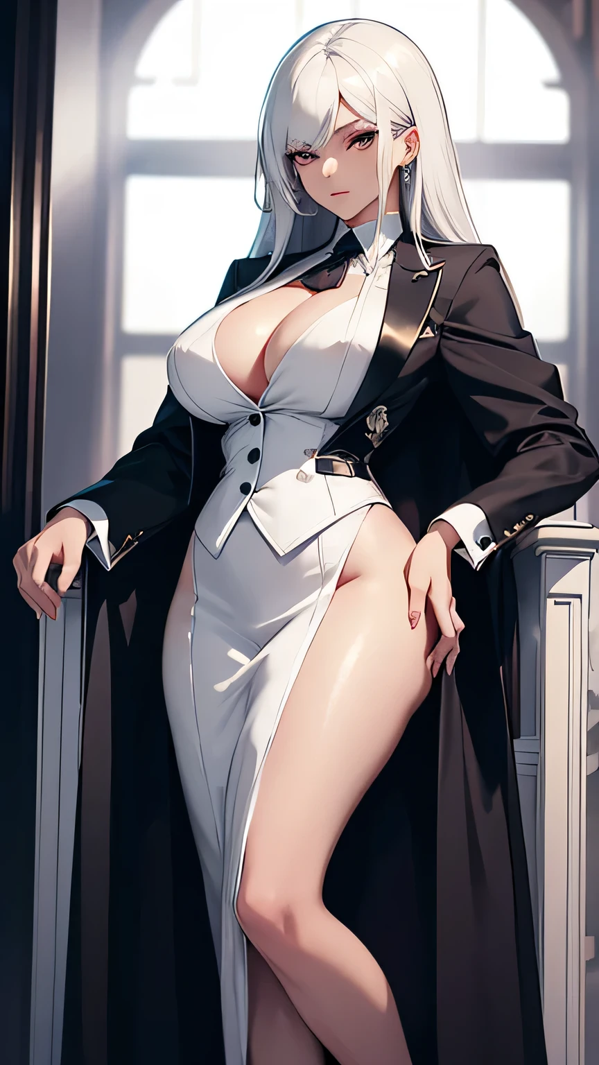 beautiful detailed girl, sexy female mafia boss, wearing office suit and long transparent coat, white hair, slender, Pose with hands together, large breast, massive cleavage exposed, huge buttock, sitting on the throne arrogantly