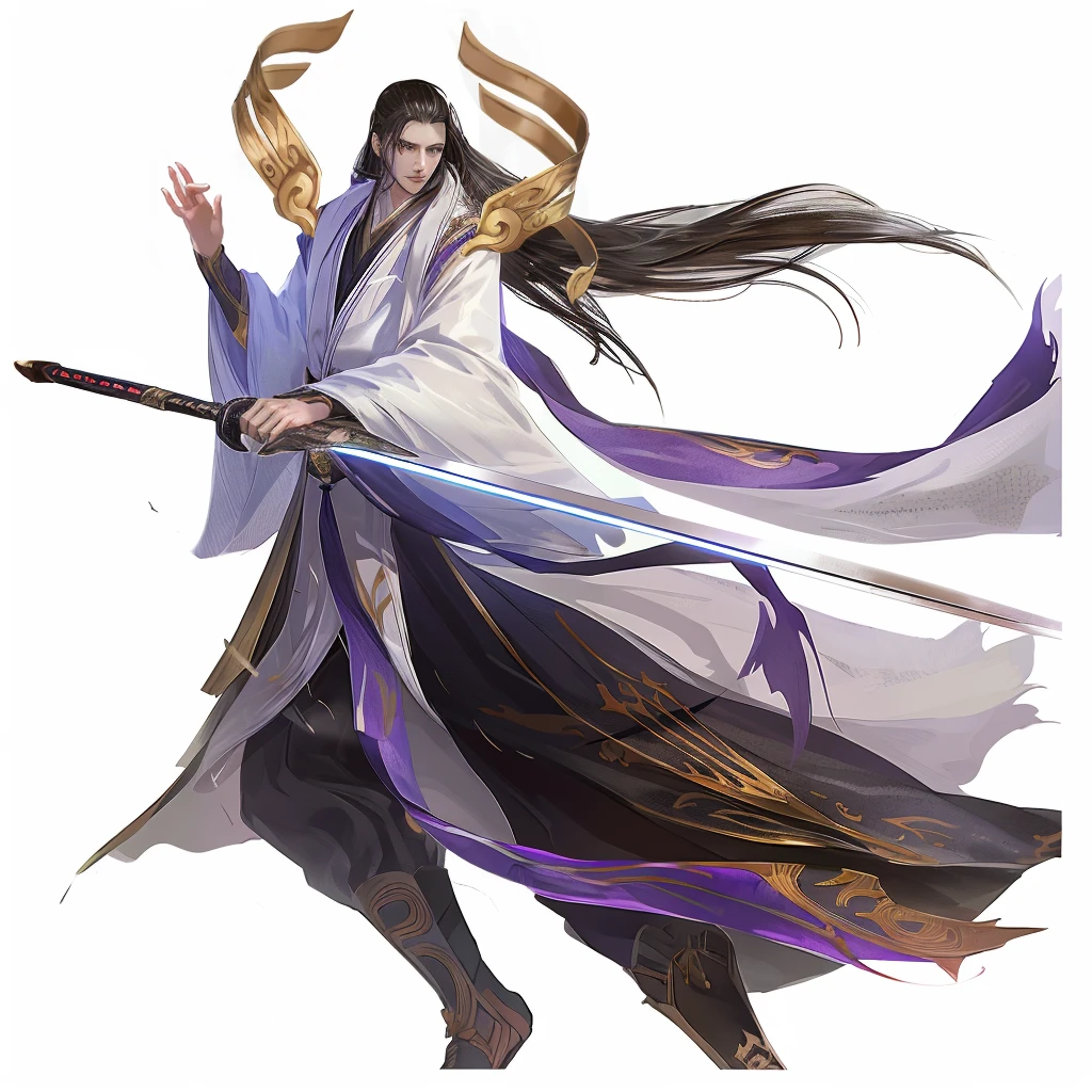 飘逸的长发年轻帅气Mage、Swing the Sword,Game art style and anime character design、Beautiful hand-painted game illustrations、uhd、超detail、16K、Textured Skin、高detail、black、Attack Action、flight、Mage、Competition、Wearing a white and purple robe、Swing the Sword、black长发swordsman、Profile、Clear outline、Full body view、 Swing the Sword, Full body view, Dynamic running posture, Run sideways, flight, swordsman, 英俊的black长发中国男子, Swing the Sword, high quality, detail, Full body shot, flight姿势, White background, high quality, detail, Ross Tran style concept art, White and deep sky blue, 2D animation, Colorful clothing--ar 79: 86