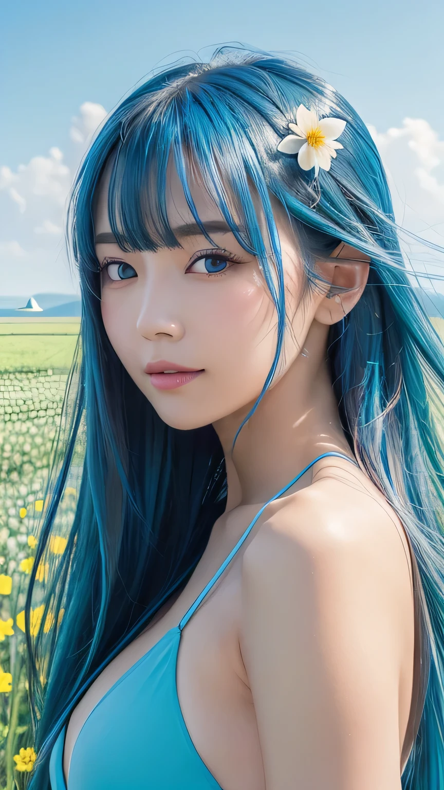 (Highest quality, 32K, High resolution, masterpiece:1.5), internal_jet, god々Photos with radiant and healing powers., A sense of calm and elusive beauty, Expressing emotions, Have a rich imagination, Beautiful Japanese Girl, Very beautiful face, Small Face Beauty, , Perfect Human Anatomy, Magic big eye, Motherhood and generosity, deep love, A fleeting smile, (Shiny blue hair:1.2), Super long hair swaying in the wind, Asymmetrical bangs, Hair between the eyes, transparent, Soft white skin, Sharp eyebrows, Thin lashes, ((Natural Makeup:1.3)), Blue Bikini, High resolution perfect collarbone, High resolution beautiful bust, Slim figure and ample breasts, High resolutionの美しい太もも, ((Distant Horizon:1.5)), ((A flower field that stretches to the horizon:1.3)), Beautiful and detailed blue sky, Professional Photographer, Professional Lighting, Professional Model