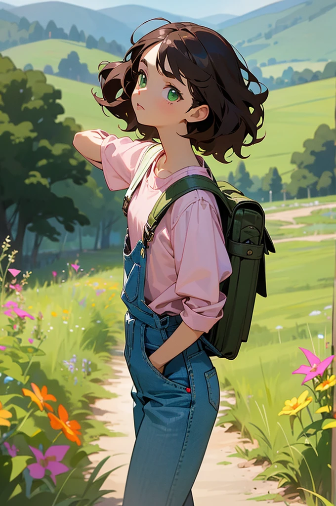 1female, dark brown hair, wavy and shoulder-length, green eyes, thoughtful expression, light pink blouse, denim overalls, white sneakers, small backpack, countryside background with rolling hills and wildflowers, detailed face, hands to side, standing on path