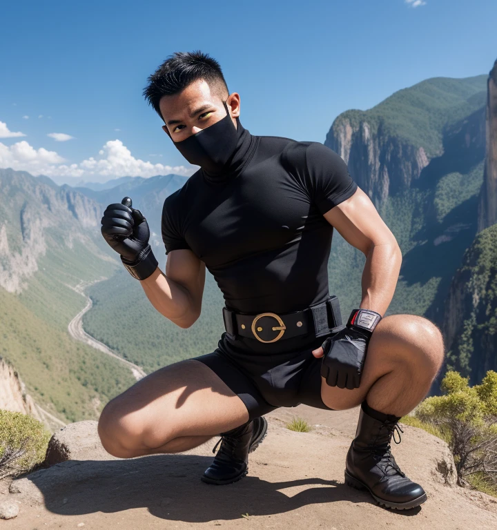 40 years old,One Man,Thai Fighter,Cliff in the mountains、Squat with your legs wide apart、Hold a gun,logic,Gay ,Short Hair、Stubble,Handsome、Fighting spirit、The crotch area is bulging。Shocker Belt、Black boots、Black gloves、Black balaclava