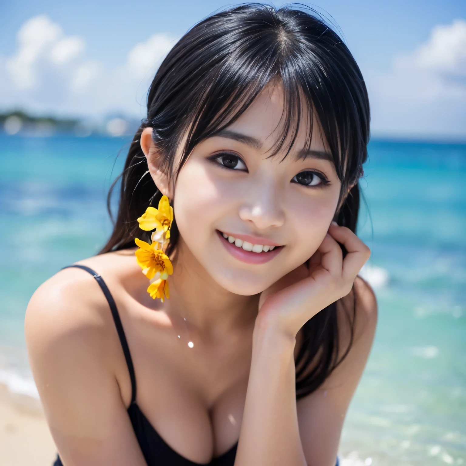 (Best-quality, Masterpiece, Ultra-High-Resolution, (Photorealistic:1.4), Raw Photo, depth of field, professional lighting, perfect anatomy, extremely details), (at summer-beach, beautiful sky, beautiful sea, beautiful sand-beach), 1girl, the most famous Japanese idol, (((drunk, grinning))), wearing summer-clothes, (((((extremely beautiful and extremely realistic skins))))), ((((extremely cute and extremely big black-round-eyes)))), ((extremely cute face like the most popular Japanese idol)), (extremely beautiful black-long-hair), (extremely cute long-eyelashes), (extremely cute lips)