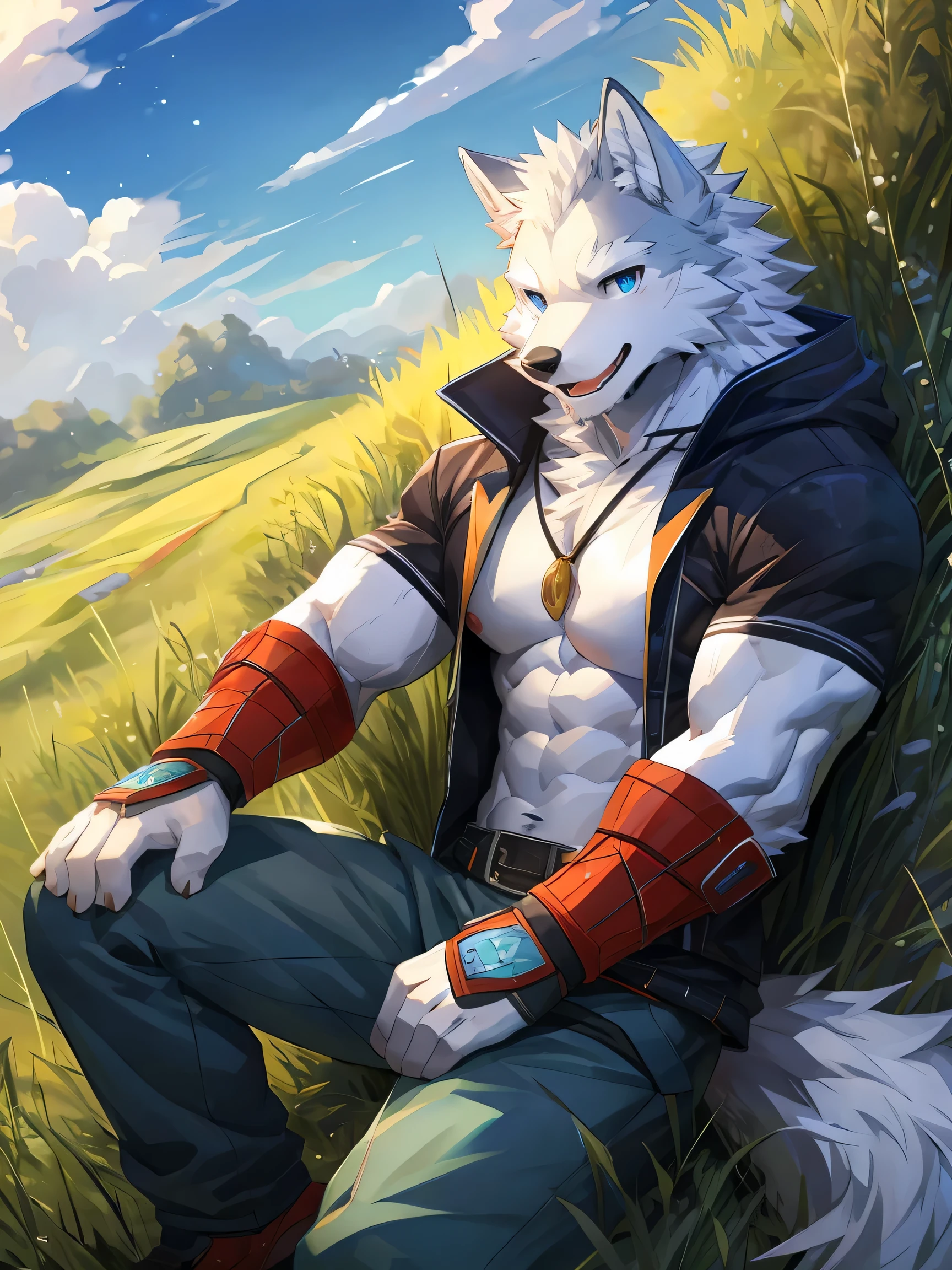 Embed:individual, (White Wolf), White fur, Two-color, Blue eyes, (Muscular body:1.05), Perfect eyes, Handsome, OK,(Sky blue short sleeves jacket)(Sky blue short sleeves),(on the grass),(Express), Grassland background,(close up),(happy eyes:1.2),Look at the screen,(Wolf tail)(Big Tail),Perfect masterpiece,(16K),solitary,(Strong),(Grassland background),Perfect proportion,front,Smile,(Watching you:1.4),(Open your mouth slightly,pant:1.1),(Close Range:1.2)Strong,muscle,more details,CG,Highest quality scene detail,The best hands, Best quality eyes,Fine fur,Exquisite eyes.Ultimate image quality,From Sollyz,From zixiong,From milkytiger1145