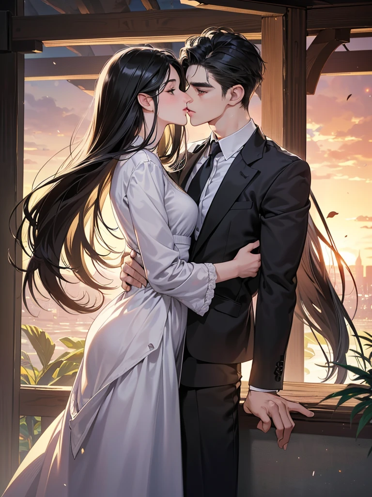 (masutepiece, Digital Art, Digital Illustration, 4K, 8K, Ultra-detailed, beautiful image, Sharp Image, Photorealistic, Raw photo, Perfect face, Perfect lines, Perfect eyes, Soft lighting) 1 woman, (Long Black Hair,straight haired,Bullish gaze,Beautie,Woman in suit,Solid makeup,23 y-o woman,small tits:1.3),Secretary, Two handsome men in suits, (ember,Men in suits,well-muscled,Firm shoulder width,Adult male,Boyish hairstyle,English gentlemanly style,Man in his 30s with a cool expression,28-year-old man with bright smile:1.2),Parti、a couple、couple kissing、kiss、the kiss、Romance、Kissing