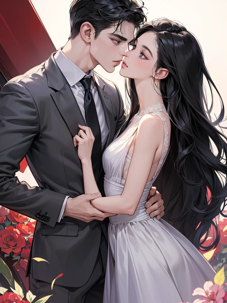 (masutepiece, Digital Art, Digital Illustration, 4K, 8K, Ultra-detailed, beautiful image, Sharp Image, Photorealistic, Raw photo, Perfect face, Perfect lines, Perfect eyes, Soft lighting) 1 woman, (Long Black Hair,straight haired,Bullish gaze,Beautie,Woman in suit,Solid makeup,23 y-o woman,small tits:1.3),Secretary, Two handsome men in suits, (ember,Men in suits,well-muscled,Firm shoulder width, male,Boyish hairstyle,English gentlemanly style,Man in his 30s with a cool expression,28-year-old man with bright smile:1.2),Parti、a couple、couple kissing、kiss、the kiss、Romance、Kissing