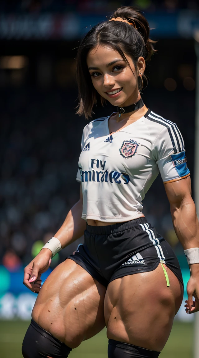 (muscular:2.2), (thick thighs:2.1),
(latina female, tan skin, dark skin, black hair:1.5), (big smile:1.5), (adult),
lipstick, eyeshadow,
(hard nipples), (small breasts:1.5),
(soccer jersey, soccer shorts, choker:1.6),
looking at viewer, (three quarter view:1.3), upper body view,
rim lighting, two tone lighting, dim lighting, bokeh, detailed skin, detailed eyes