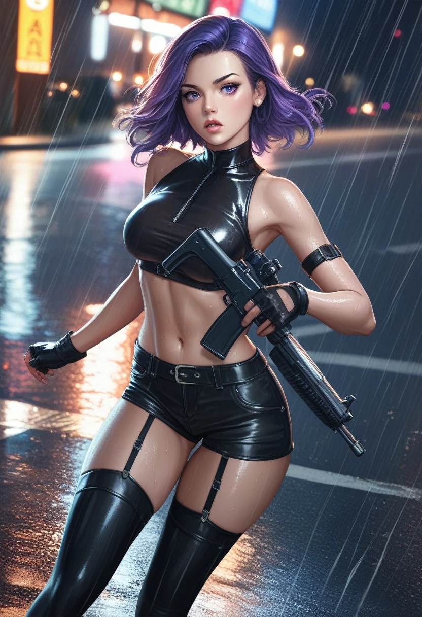 Masterpiece, anime realistic art, dynamic angle, slender toned build, pale skin, striking purple hair, shiny detailed eyes, tight black leather outfit with numerous straps and buckles ,cropped top that exposes her midriff , pair of short shorts with garter belts attaching to thigh-high stockings,rainy street, asphalt, white back light, night ,wet, underboobs ,gun, gangster , looking at viewer, crotch 