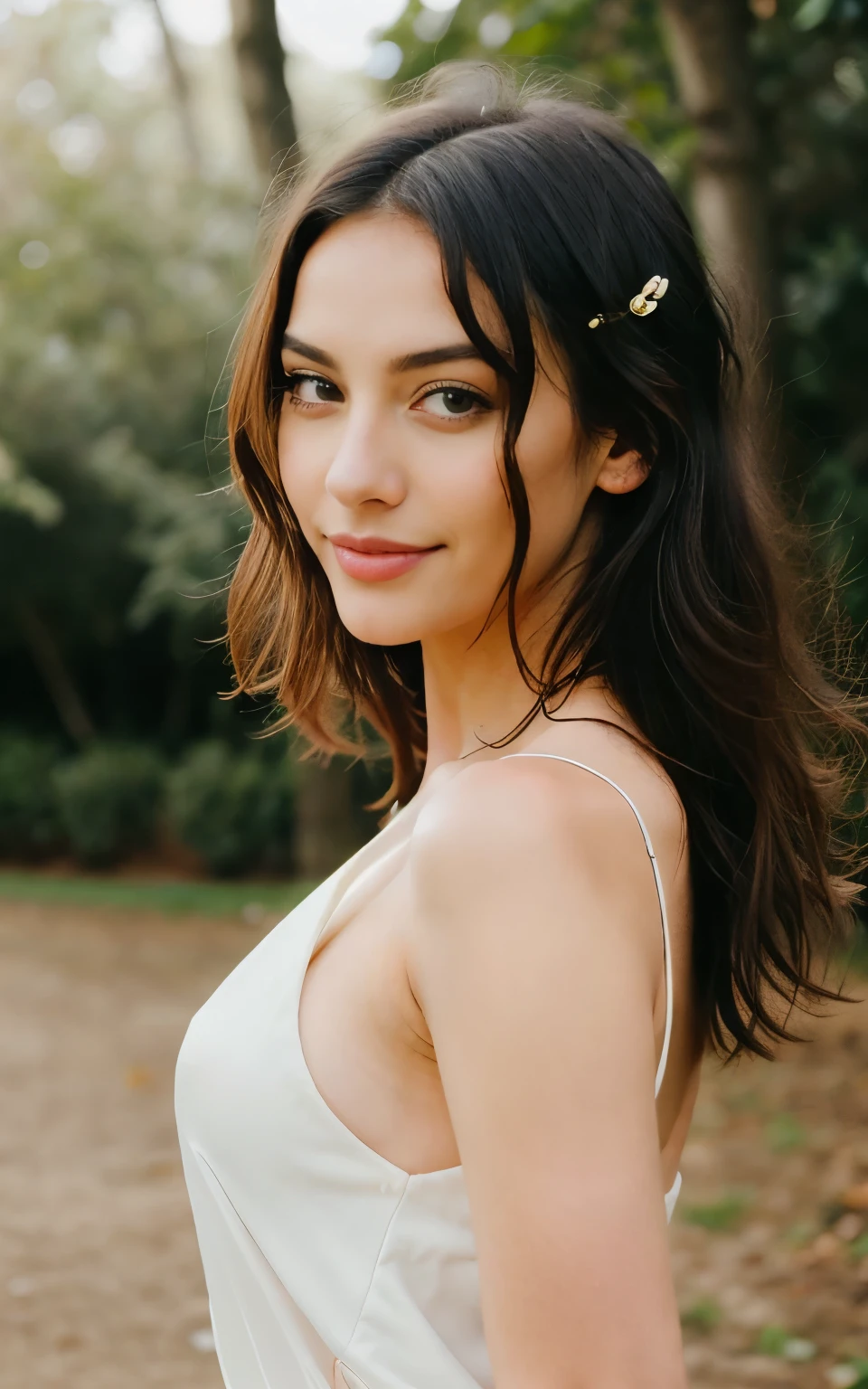 1girls, Nur, green Hair , 24 years old , Hyper realistic and detailed full body photo of one young smiling beautiful woman wearing tight wedding dress. Outside. Sun is shining. perfect eyes, (Eye makeup:1.1), (highly detailed skin:1.1), RAW, analog style, sharp focus, 8k UHD, DSLR, high quality, Fujifilm XT3, grain, award winning, masterpiece.