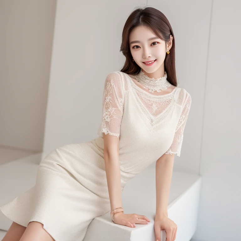 South Korea,　Beauty, beautiful detailed face,　clothes with timeless elegance,　sitting, smile,　White background, high-angle-shot, masterpiece,