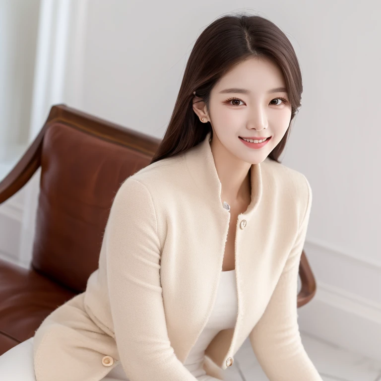 South Korea,　Beauty, beautiful detailed face,　clothes with timeless elegance,　sitting, smile,　White background, high-angle-shot, masterpiece,