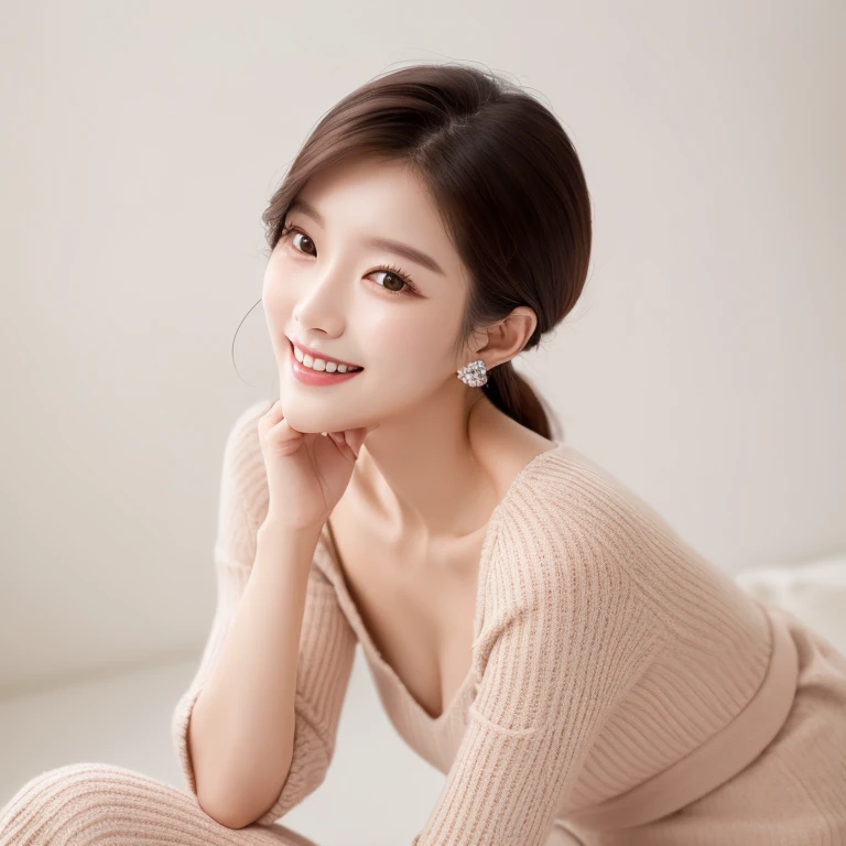 South Korea,　Beauty, beautiful detailed face,　clothes with timeless elegance,　sitting, smile,　White background, high-angle-shot, masterpiece,