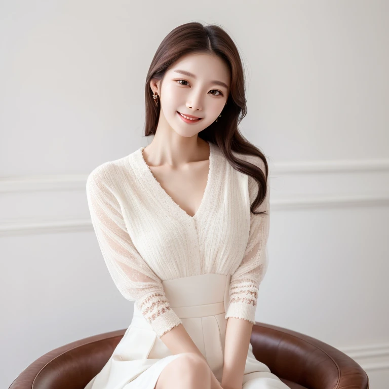 South Korea,　Beauty, beautiful detailed face,　clothes with timeless elegance,　sitting, smile,　White background, high-angle-shot, masterpiece,