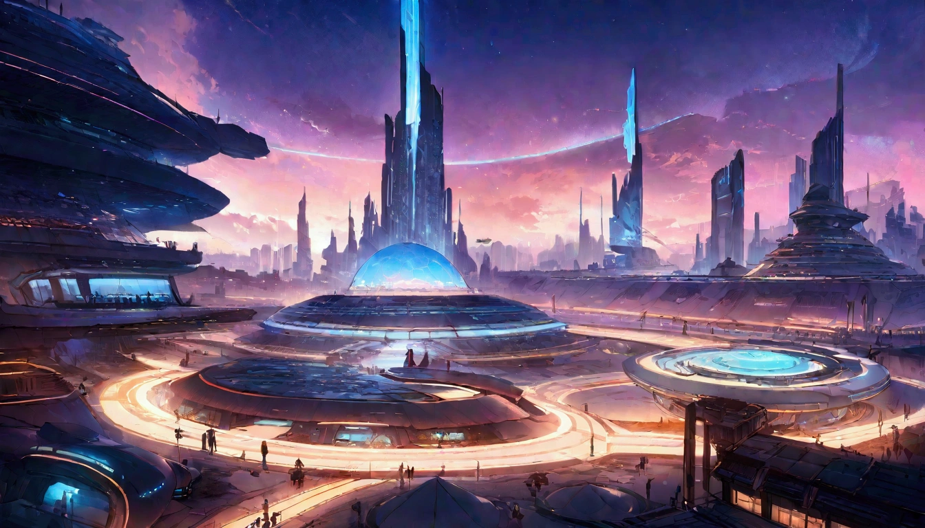 (best quality,4K,8K,high resolution,masterpiece:1.2), Future city with future train and future buildings at night, Future Concept Art, Otherworldly city of the future, In a fantasy sci-fi city, beautiful City of the Future, Future Utopian City, Concept Art 8 K resolution, concept art 8k resolution, City of the Future, Future Spaceport, Concept Art 8 K, Sci-Fi Hollywood Concept Art