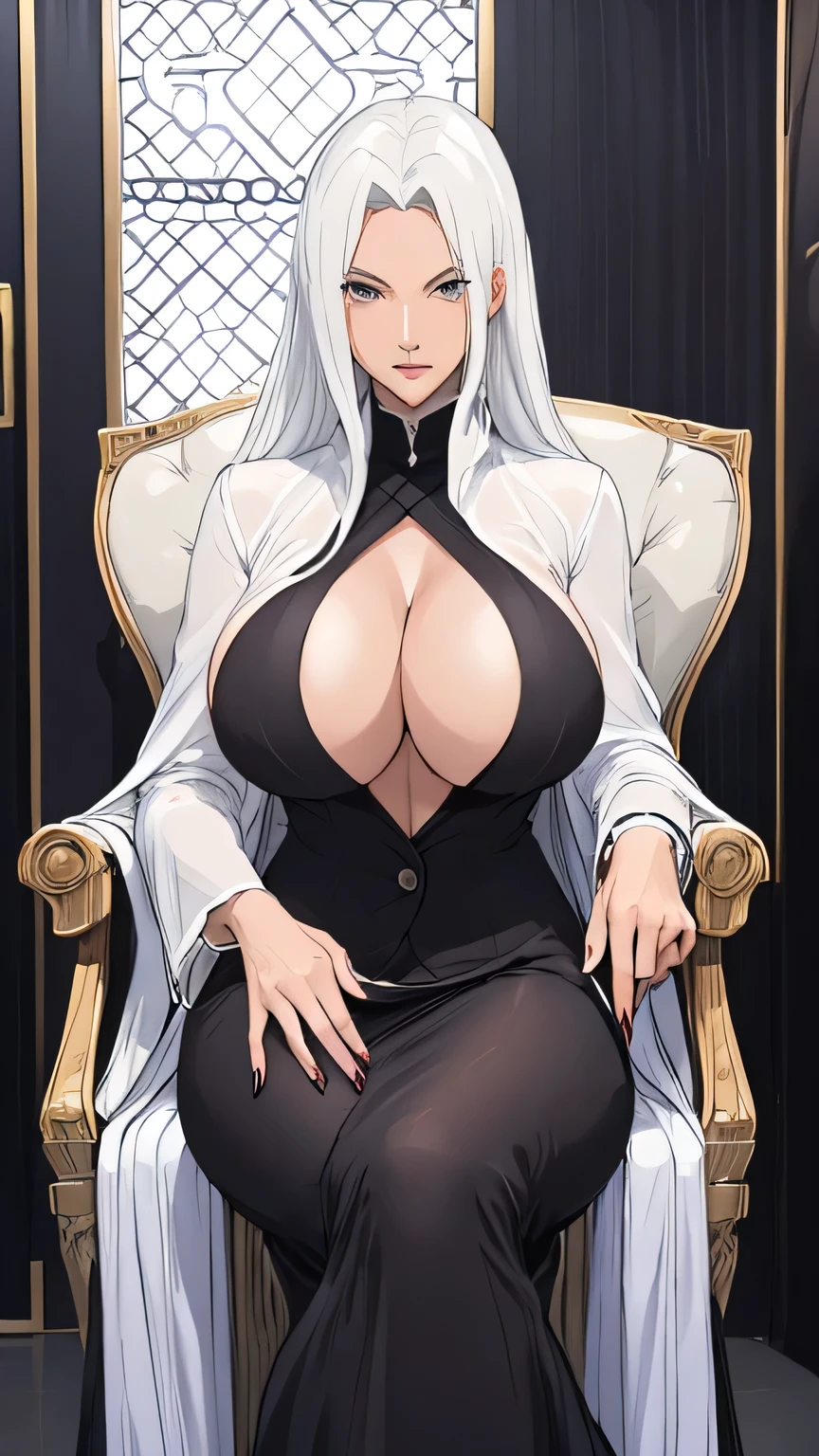 beautiful detailed girl, sexy female mafia boss, wearing office suit and long transparent coat, white hair, slender, Pose with hands together, large breast, massive cleavage exposed, huge buttock, sitting on the throne arrogantly