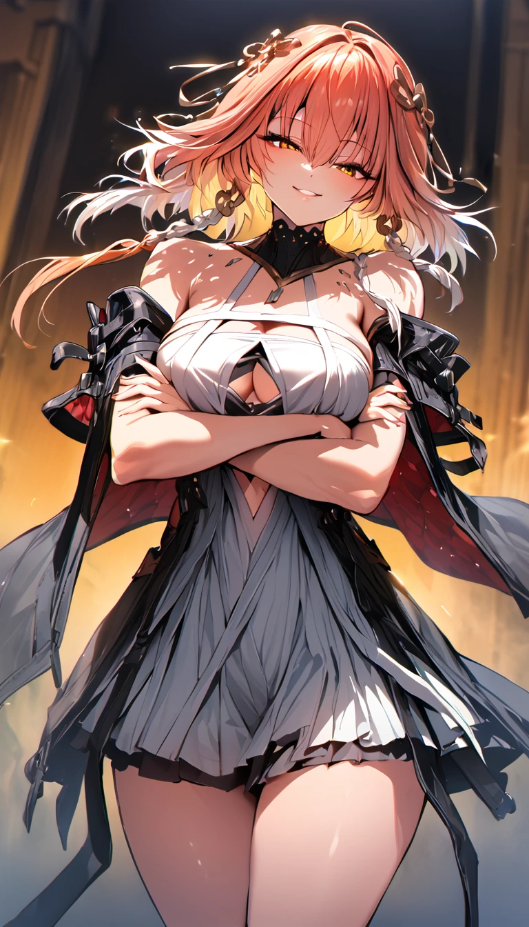 ((masterpiece)),((Highest quality)),High resolution,Perfect lighting,dusty(coming), One woman, chest, alone, Orange eyes, View your viewers, Exposing shoulders,White Dress,大きなchest, Redhead, Striped Hair, Gray Hair, Captivating smile, from the front, Cowboy Shot, Arms crossed,