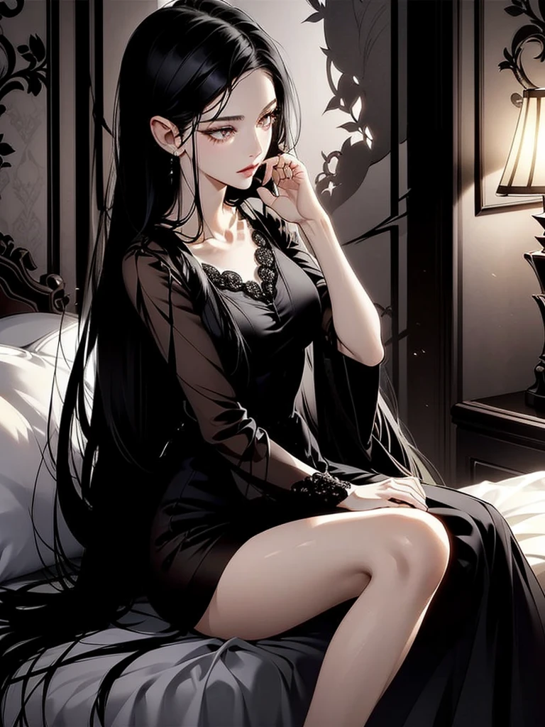 A long black hair girl, wears transparent nightgown, night, sitting on bed, dim bedroom, (elegant), (sexy), (devine), (brilliant), (splendid), tall, (mature), stunning, beautiful, aethereal, (1girl), solo girl, (luxury bedroom), many hearts, shadow, dim light, dark, cinematic, highest quality, extremely detailed, masterpiece, detailed background