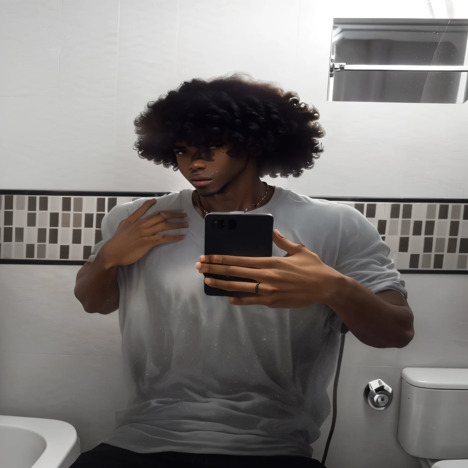 there is a man taking a selfie in the bathroom mirror, with afro, about 19 years old, curly afro, looks like fabiula natal, caio santos, afro, desaturated!!, curls on top of the head, in the bathroom, icaro carvalho, powder Nándor Katona, about 20 years old