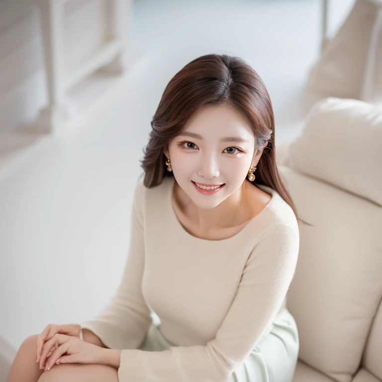 South Korea,　Beauty, beautiful detailed face,　clothes with timeless elegance,　sitting, smile,　White background, high-angle-shot, masterpiece,