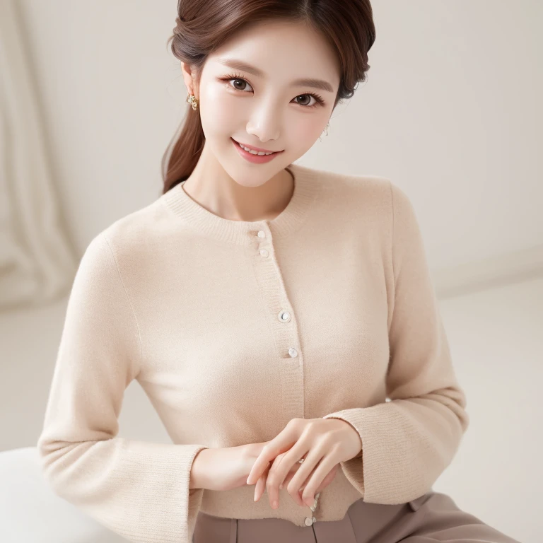 South Korea,　Beauty, beautiful detailed face,　clothes with timeless elegance,　sitting, smile,　White background, high-angle-shot, masterpiece,