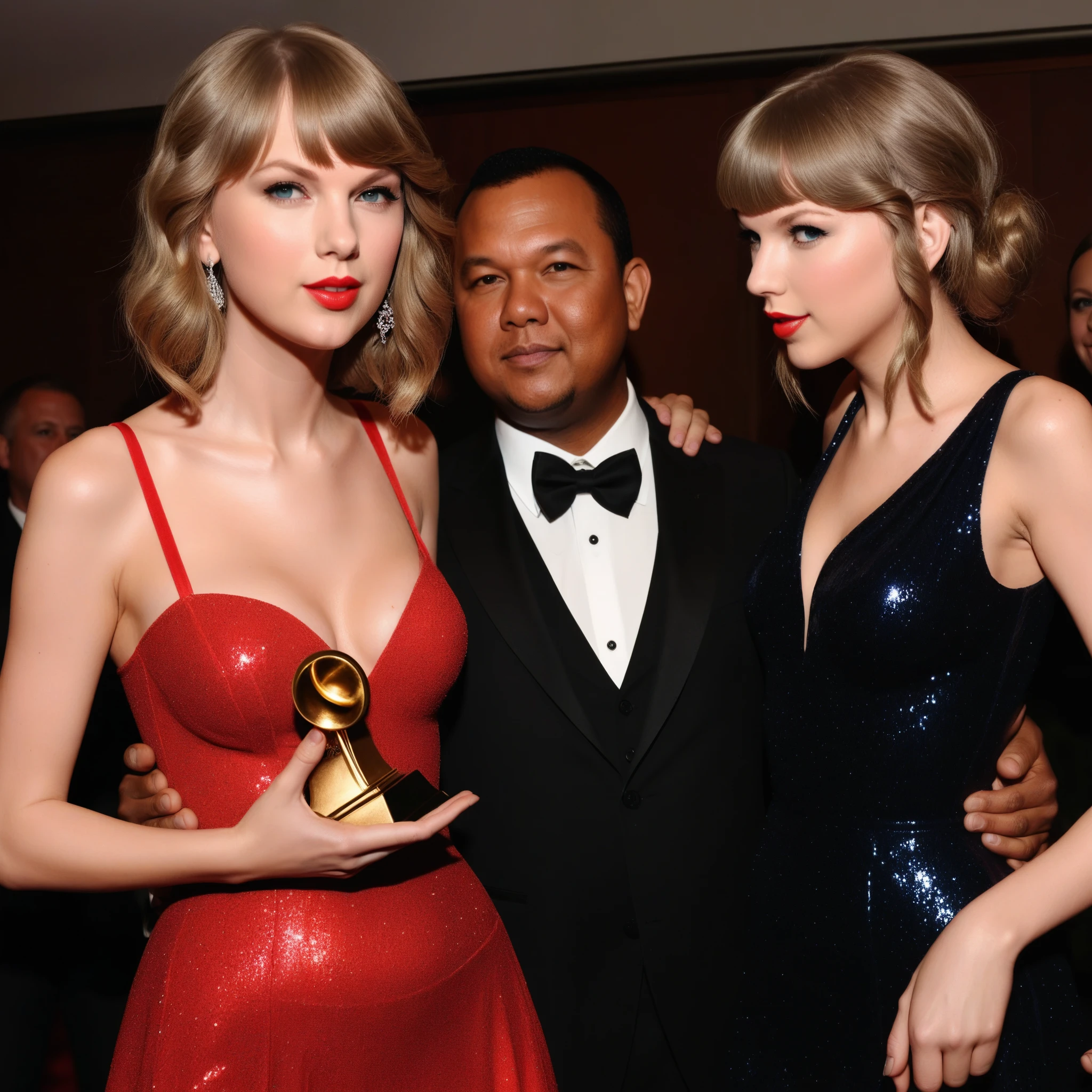 (masterpiece), (best quality), Makima with Taylor Swift's face (chainsaw man), best quality, extremely detail, 1 girl, alone, Stand, Red hair, long braided hair, gold eyes, bangs, medium , tie, seek, smile, (bad: 1.2), seeking at the viewer, (Interview: 1.3), (dark background, chains: 1.3) Breasts
