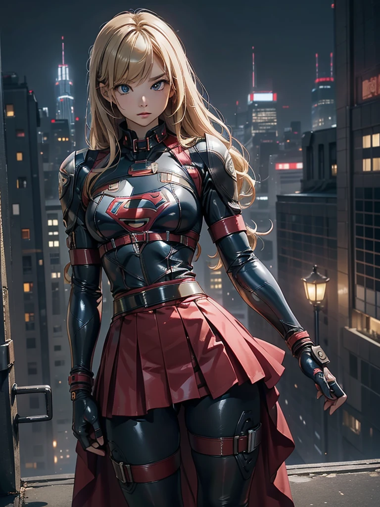 (masterpiece, Highest quality, High resolution:1.4, Anatomically correct、8k)、cyber punk、Supergirl、Blonde、Sexy、((Body-tightening bondage)), Blue tight latex bondage costume、S marking on chest、Show your belly、Long red cape、Red latex micro mini skirt、whole body、Overlooking the city at night、Browsing Caution、Bondage Girl、Bondage Belt