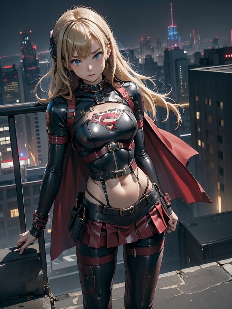 (masterpiece, Highest quality, High resolution:1.4, Anatomically correct、8k)、cyber punk、Supergirl、Blonde、Sexy、((Body-tightening bondage)), Blue tight latex bondage costume、S marking on chest、Show your belly、Long red cape、Red latex micro mini skirt、whole body、Overlooking the city at night、Browsing Caution、Bondage Girl、Bondage Belt