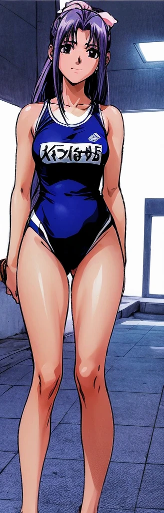 Momoko Koigakubo, a tall girl with beautiful legs, is standing by an indoor pool with her legs spread to the sides in a bright blue high-cut competitive swimsuit with the arena logo on it.。