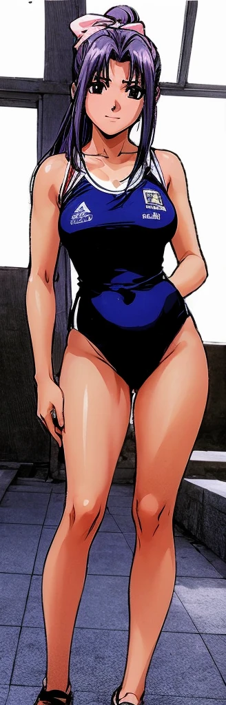 Momoko Koigakubo, a tall girl with beautiful legs, is standing by an indoor pool with her legs spread to the sides in a bright blue high-cut competitive swimsuit with the arena logo on it.。