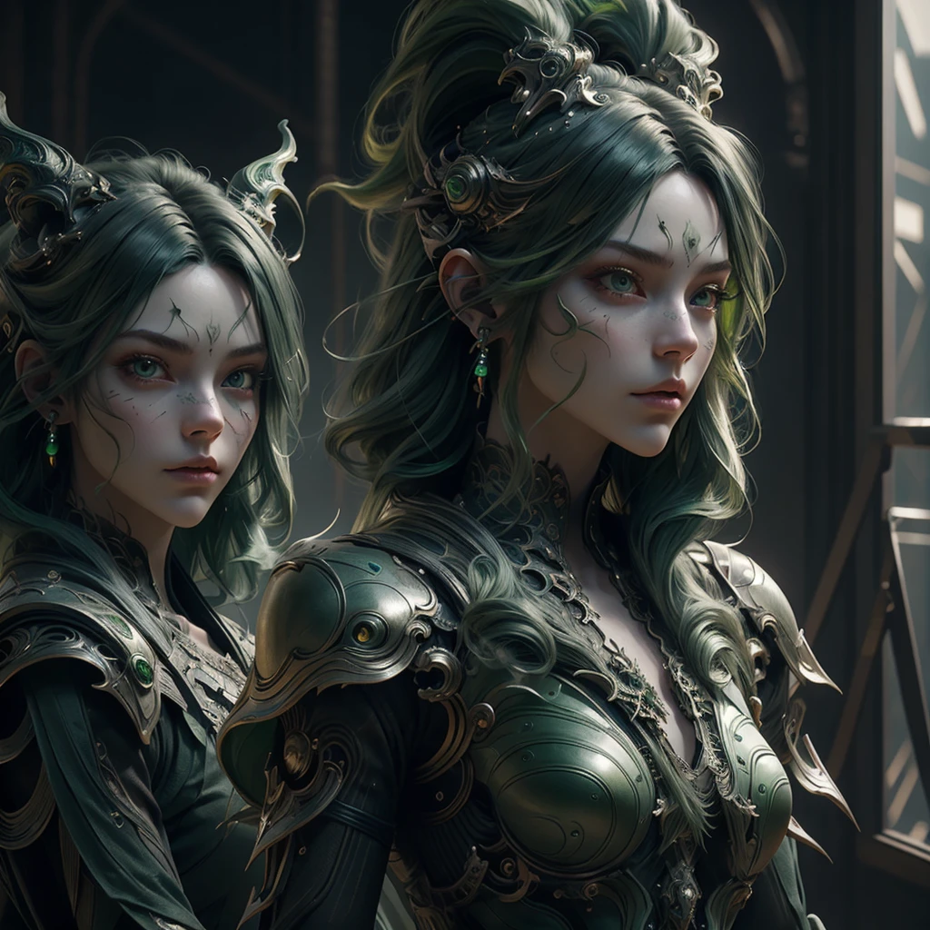 1 girl with long green hair, green eyes, futuristic atmosphere, mouth mask, headphones, 8k, high quality, simple background, shiny eyes, cool pose, intricate details, digital art, cinematic lighting, photorealistic, volumetric lighting, dramatic shadows, vibrant colors, mystical, ethereal, cyberpunk, hyper-realistic