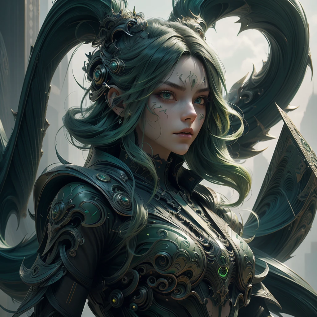 1 girl with long green hair, green eyes, futuristic atmosphere, mouth mask, headphones, 8k, high quality, simple background, shiny eyes, cool pose, intricate details, digital art, cinematic lighting, photorealistic, volumetric lighting, dramatic shadows, vibrant colors, mystical, ethereal, cyberpunk, hyper-realistic